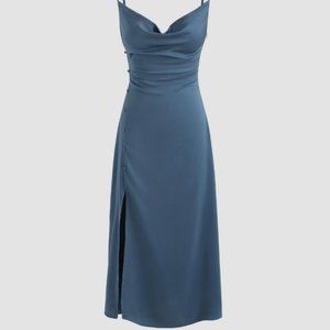 Cider Solid Cowl Neck Slit Blue Midi Dress Size S